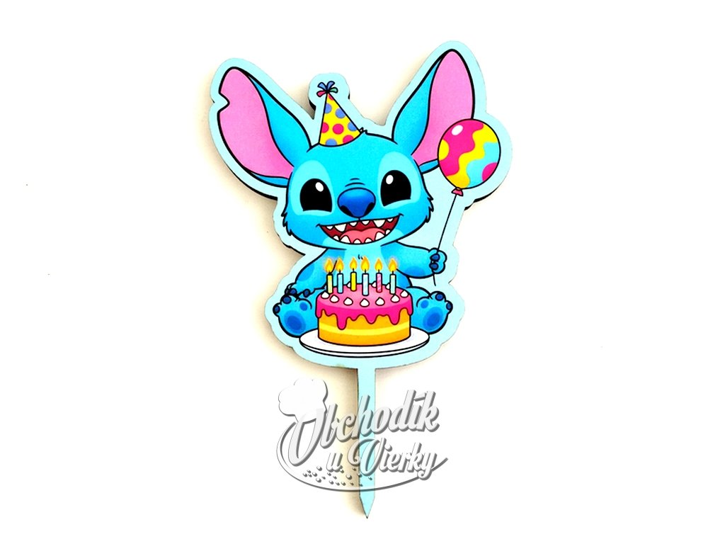 Drevený zápich na tortu – Stitch s tortou a balónikom