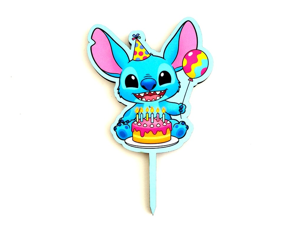 Drevený zápich na tortu – Stitch s tortou a balónikom