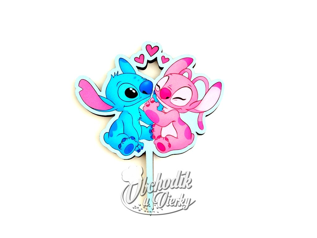 Drevený zápich na tortu – Stitch a Angel so srdiečkami