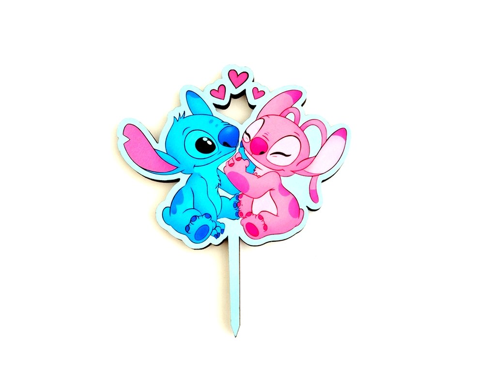 Drevený zápich na tortu – Stitch a Angel so srdiečkami
